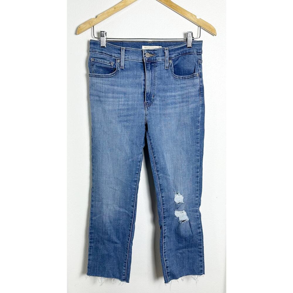Levi's 724 High Rise Straight Crop Jeans Raw Hem Distressed sz 28